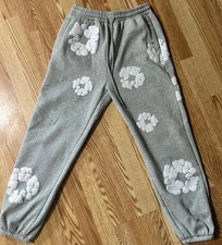 DENIM TEARS Gray Floral Cotton Sweatpants Joggers XL Pockets Logo Drawstring