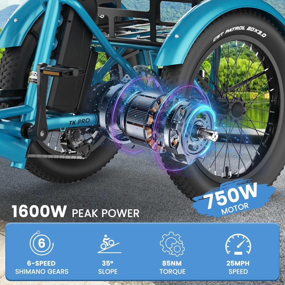 Triciclo Eléctrico Plegable MOONCOOL para Adulto Peak 1600W 48V 20x3" Triciclo de 6 Velocidades Foto 3 de 4