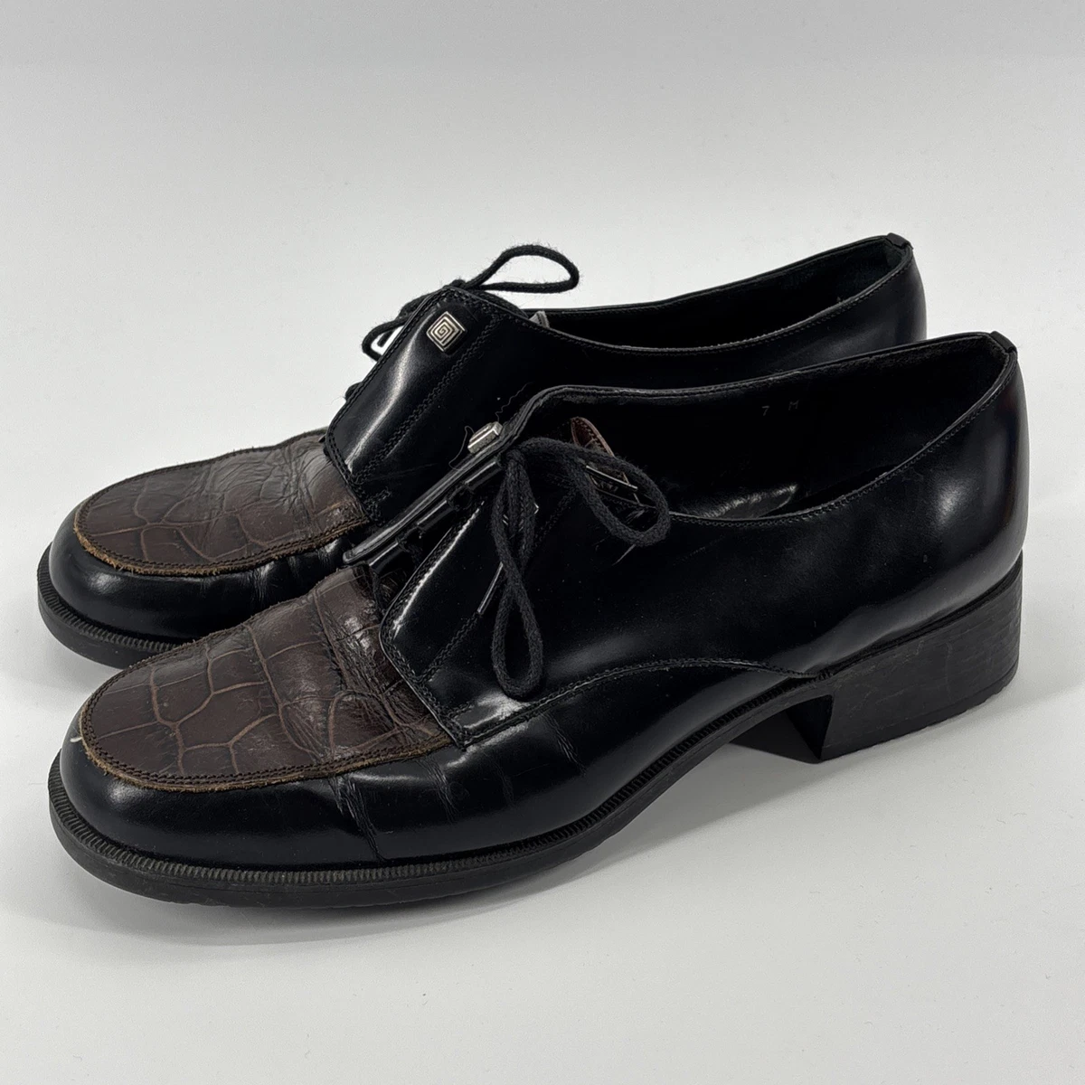 Escarpins Talon Compensé Brighton Noir Croco Bout Ouvert - Taille 7.5 M, Fabriqué En Italie