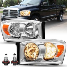 Headlight for 2006-2009 Ram 1500 2500 3500 Chrome Housing Amber Reflector Bulbs