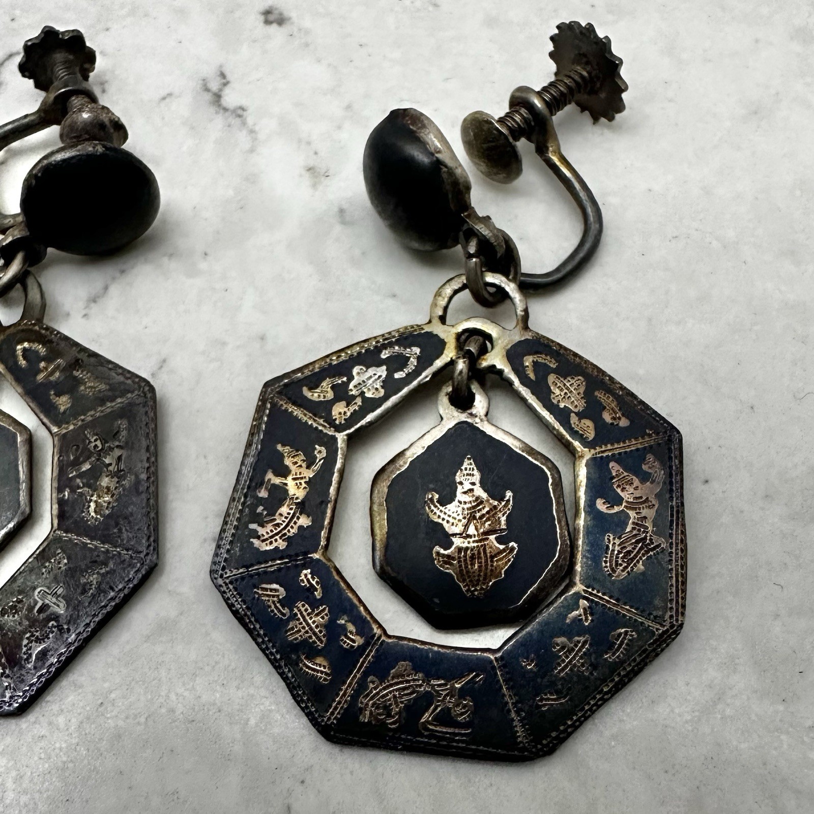 Vintage Siam Arts Sterling Silver Earrings Niello Hindu Dancer Goddess Thailand