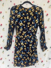 ASTR The Label Tie Front Long Sleeve Dress Navy Yellow Floral Size Small Career