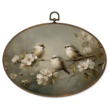 Vintage Bird Floral Oval Wall Art Decor, Cottagecore Birds Framed Canvas Prin...