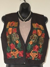 NEW Sz Small Guatemalan hand embroidered floral Orange Red Black cotton vest