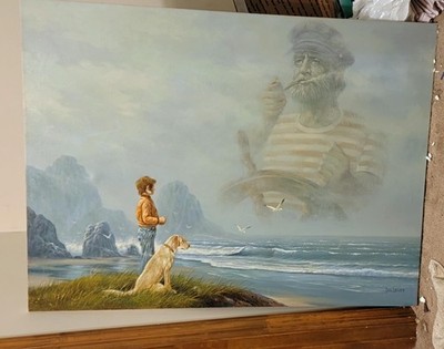 Bill Larsen oil painting 30x40 canvas never framed gorgeous boy and Lab