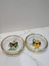 Vintage Glass Floral Butterfly Ashtrays Set Of 2 MidDecor Pieces 