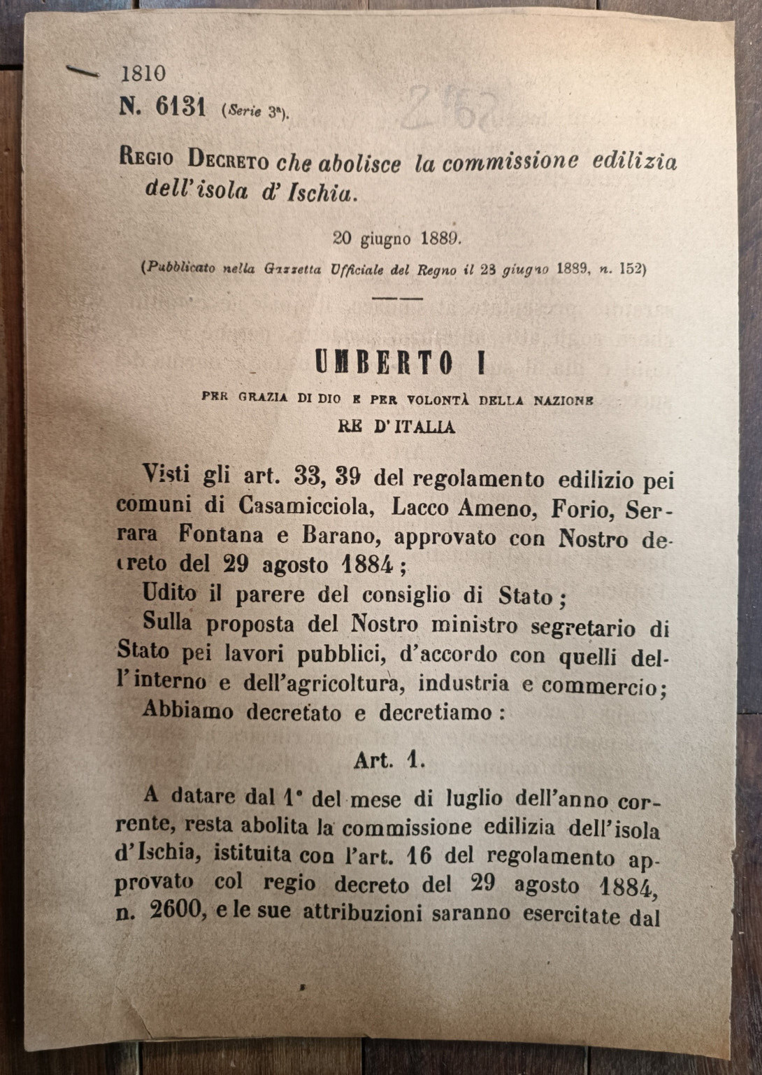 Isola D'Ischia 1889 Regio Decreto x Commissione Edilizia- 8162