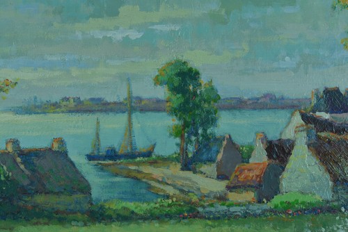 Tableau Ancien école Bretonne Vue de la Rivière d' ETEL animé signé SV H. Moret - Photo 5/10