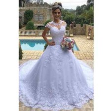 Elegant Ball Wedding Dresses O-Neck Lace Applique A-line Bridal Gown Court Train