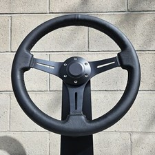 14 Inch 350mm Brushed Black Steering Wheel - Black Stitched Leather And Horn