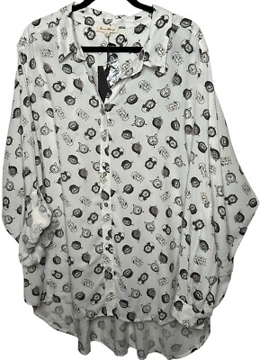 Jane + Delancey Button Up Top Blouse Sz 3X Roll Tab Sleeve High Low Clocks Time