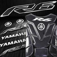 Real Carbon Fiber Tank Pad+8" 3D Logo+2-Tone Black/Chrome YZF-R6/R6S Sticker Kit