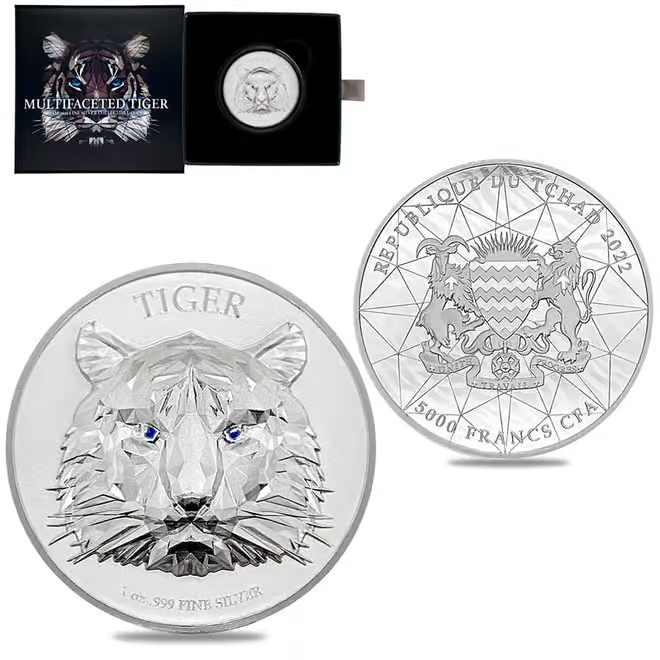 1 Oz Silver Coin 2022 Chad 5000 Francs CFA Multifaceted Tiger Ultra High Relief-image