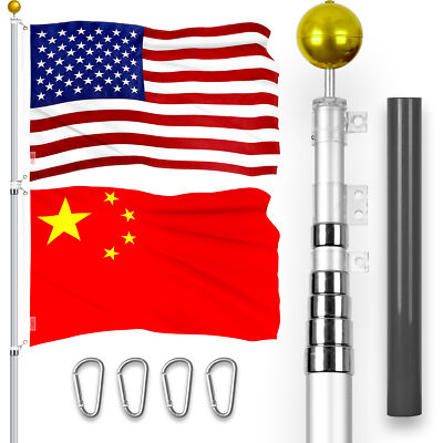25 Ft Telescoping Flagpole Silver & American and China Flags Emb 300D 3x5Ft