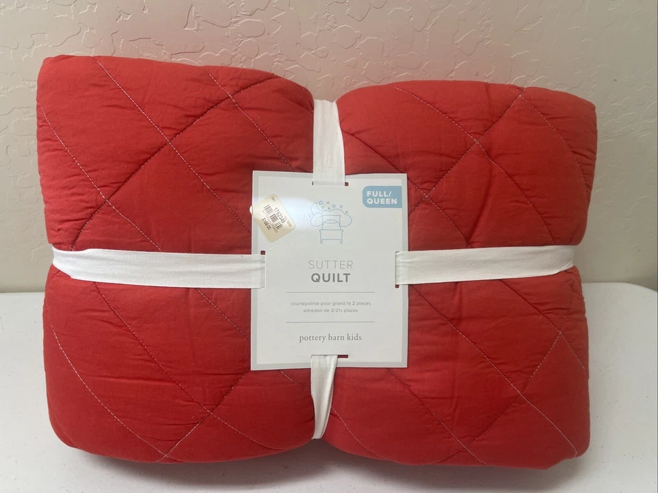 Pottery Barn Sutter Quilt Full Queen Diamond Stiched Red - Image 2 of 4