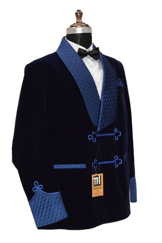 Men Blue Smoking Jacket Designer Wedding Party Wear Blazers - Picture 2 of 4