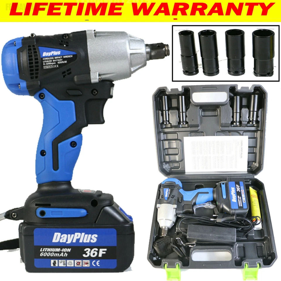 DAY PLUS Cordless Impact Wrench Compact Car Repair Wheel Nut Gun Power Tool Heavy Duty UK