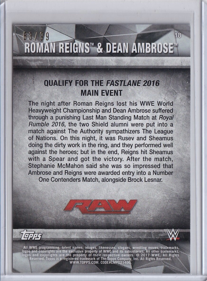 2017 Topps WWE Road to Wrestlemania Roman Reigns & Dean Ambrose Blue #18 83/99 - Picture 2 of 2
