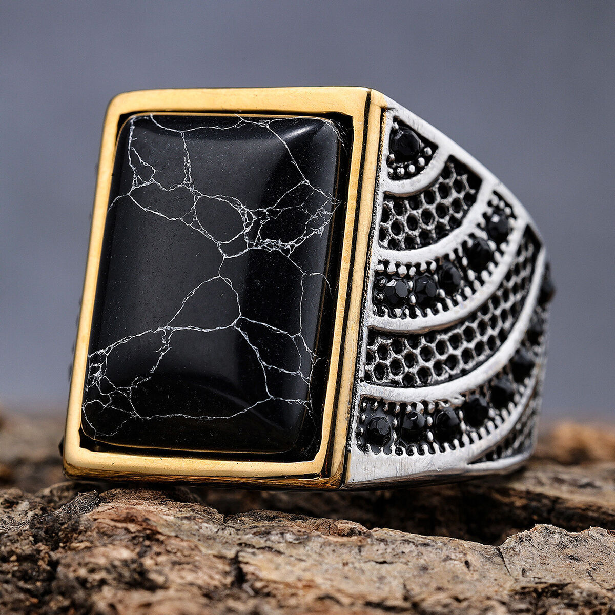 Mens Gold Plated Black Square Onyx Stone Ring Stainless Mens Gold Plated Black Square Onyx Stone Ring Stainless