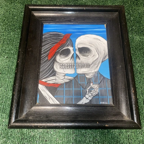 Vintage Original dia de los muertos Painting Signed By M. Meza Black Frame Wood