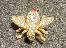 Vintage Joan Rivers Gold Tone Bee Fly Pin Rhinestones & Green Eyes Red Stinger