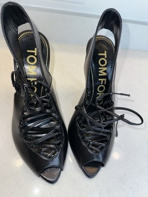 Tom Ford Black Lace-Up Peep Toe Stiletto Leather Pumps for Women Size 36.5