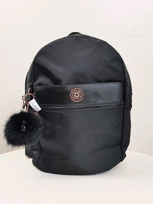 Kipling Jet Black Satin Jeanna Backpack Rose Gold Hardware Backpack Large Bag