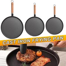 Flat Skillet Cast Iron Round Frying Non-stick Pancake Pan Wood Handle Grill Pan