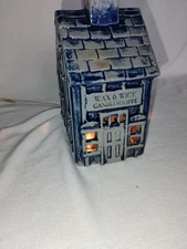 Vintage Rowe Pottery Blue Salt Glaze Village Wax & Wick Candle w/ Light Figurine