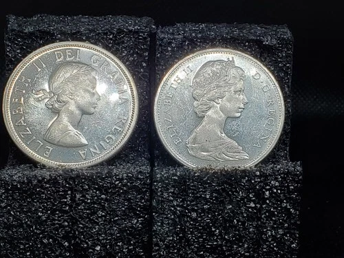 TWO SILVER CANADIAN DOLLAR COINS - 1961 AND 1965 - UNCIRCULATED