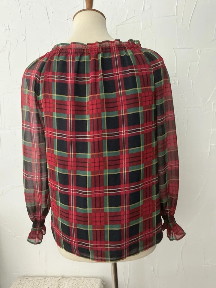 Talbots Sz Petite Blouse Red Plaid Tartan Sheer lined Ruffle Sleeve No Iron - Image 2 of 4