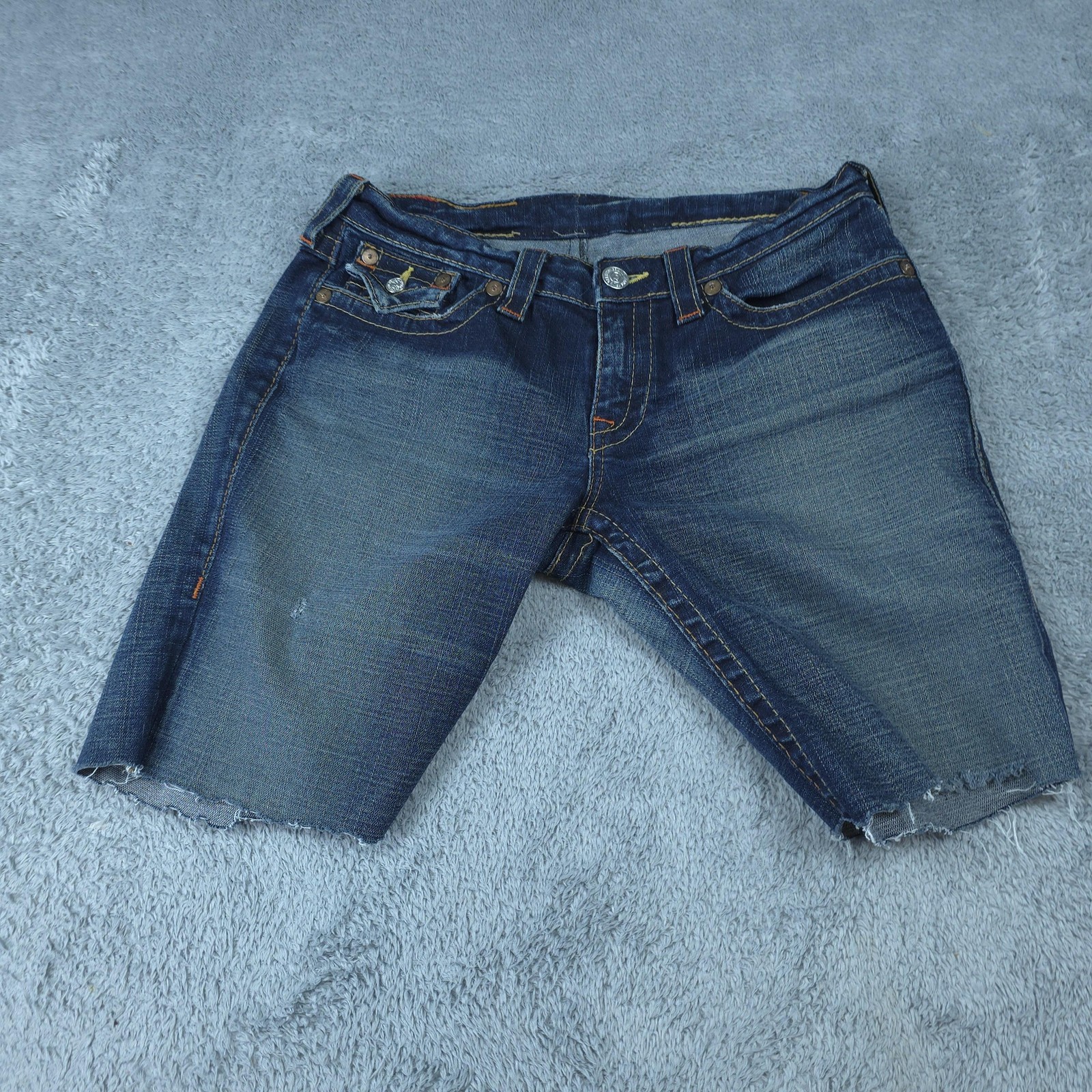 True Religion Billy Shorts Mens 32 Blue Denim Bermuda Raw Hem Distressed Cutoff