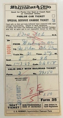 VINTAGE RAILWAY PASS: 1969 BALTIMORE & OHIO RAILROAD - Parlor Car Ticket