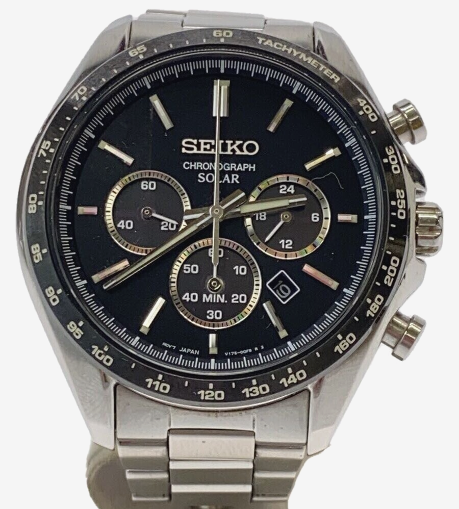 SEIKOセイコー　V175ソーラークロノ　グリーン・オレンジベゼル　ベルト Seiko V175-0FA0 Solar Chronograph Green Dial Silver Band Unisex