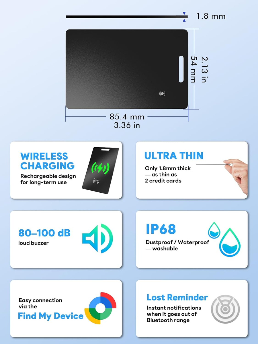 Air Tag Wallet Tracker voor Android, Draadloze Oplaadbare Smart Card Tracker Werken met Google Find My Device App (alleen Android) Bluetooth tracker tags voor reiskoffers/koffers/tassen (Zwart