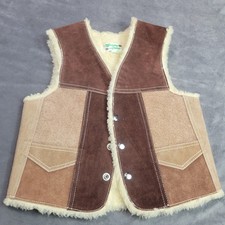 Vintage Genuine Leather Patchwork Suede Vest Shearling Lined Brown Tan Size 5
