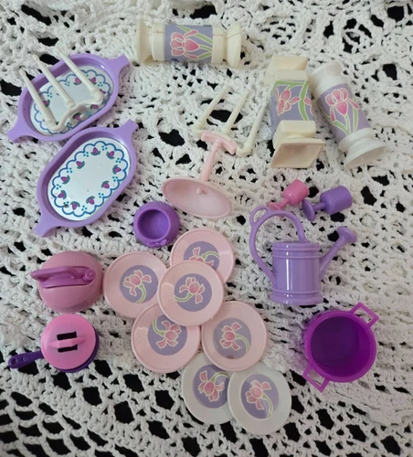 Vintage Barbie doll sweet roses & pink purple kitchen doll house accessories