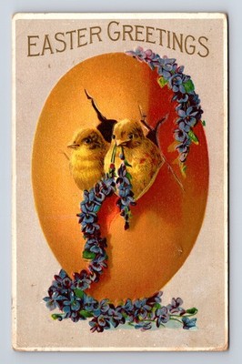 EASTER Greetings Chicks Hatch from Giant Egg Blue Pansy Flowers Postcard