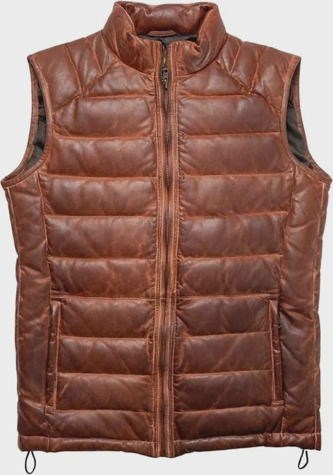Men's Leather Puffer Jacket Leather Puffer Vest Quilted Down Jacket, Biker Style