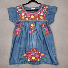 YZXDORW Dress Womens Medium Blue Embroidered Denim Flutter Sleeve Boho Tunic