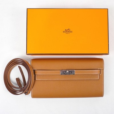 Hermes Kelly To Go Epsom Leather Wallet In Gold Brown With Removable Strap