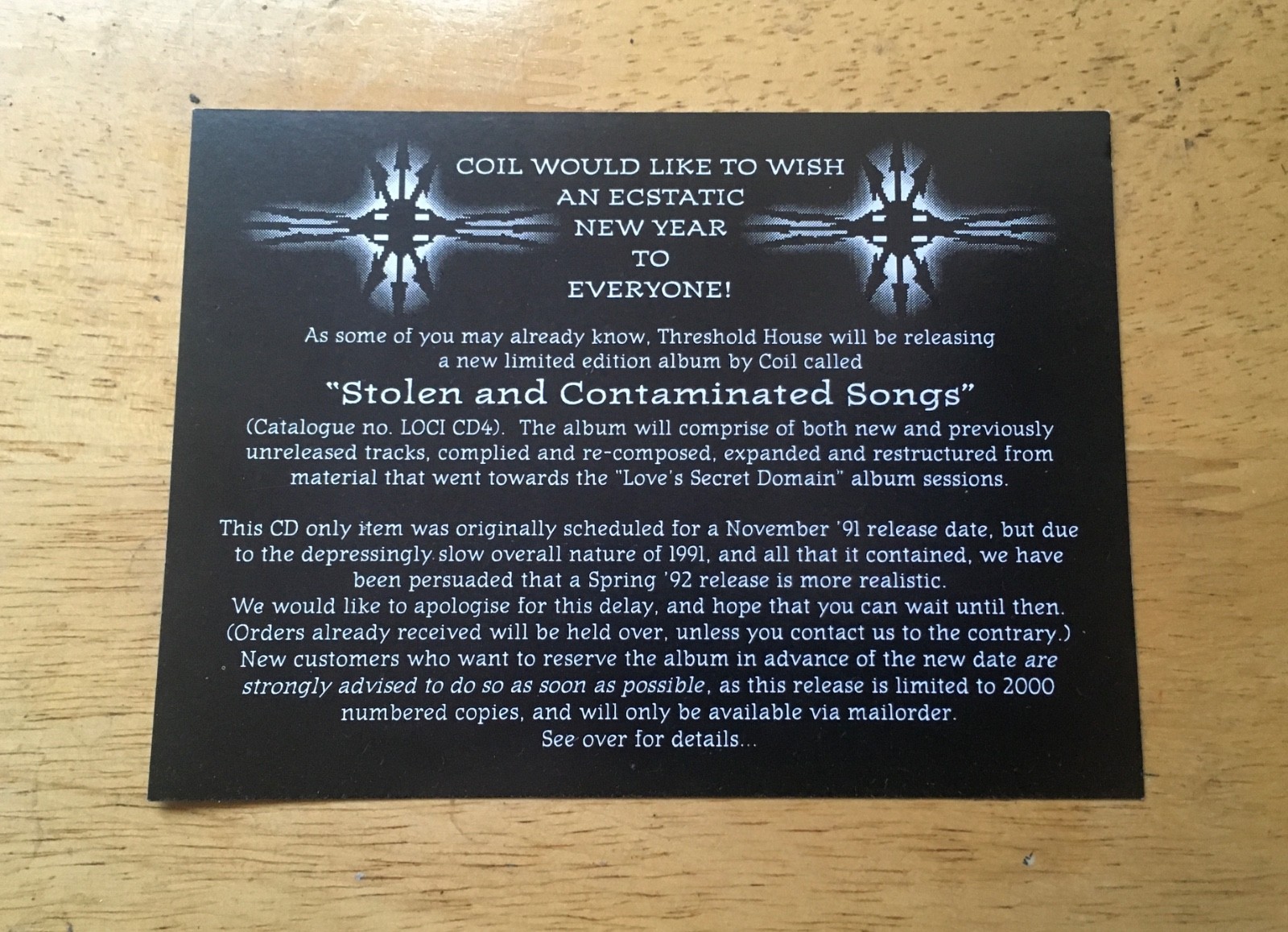 COIL - 'Stolen & Contaminated Songs' Postcard 1991 Threshold House