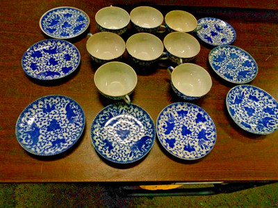 Vintage Japan Blue and White Phoenix Ware Cup and Saucer Group, Lot E