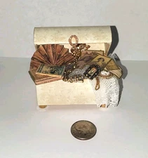 Artisan Handcrafted Dollhouse Vintage Shabby Chic Trunk Chest Filled 1/12