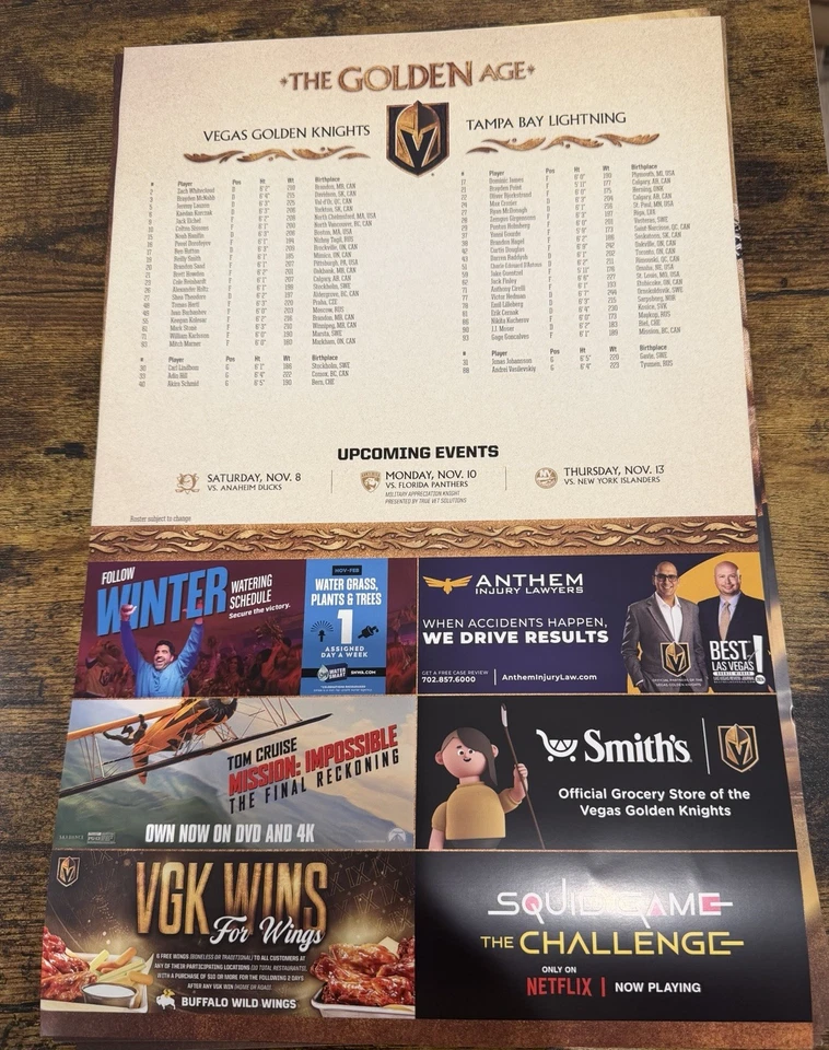 Плакат игровой Vegas Golden Knights vs Tampa Bay 11/6/25 - Митч Марнер - Изображение 2 из 2