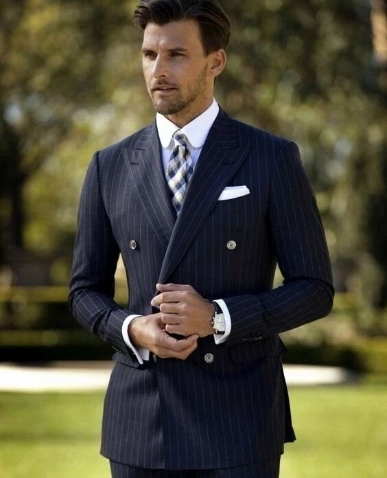 Navy Blue Double Breasted Men Stripe Suit Formal Prom Groom Tuxedos Wedding  Suit