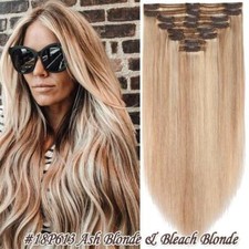 Thick Double Weft Clip In Real Remy Human Hair Extensions Full Head Highlight US
