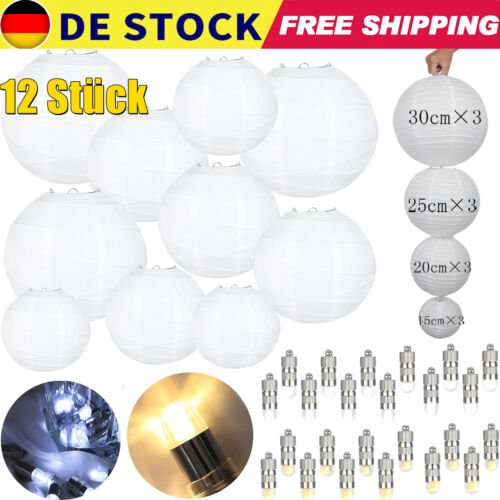 12 Stücke Weiße Papierlaterne Lampions rund Lampenschirm Hochtzeit Deko Mit LEDs - Bild 1 von 15