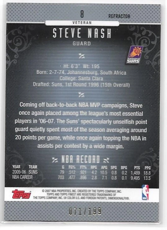 2006-07 Topps Finest Basketball Refractors Green Parallel #8 Steve Nash /199 - Image 2 of 2