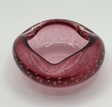Vtg Murano Art Glass Cranberry Bullicante Cranberry Ashtray / Dish